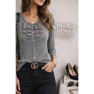 Polka Dot Ruffle Front Blouse Gray Black Button Top Small